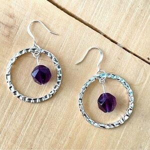 2/$29 Handmade Amethyst & Textured Silver Plated Hoop Statement Earrings